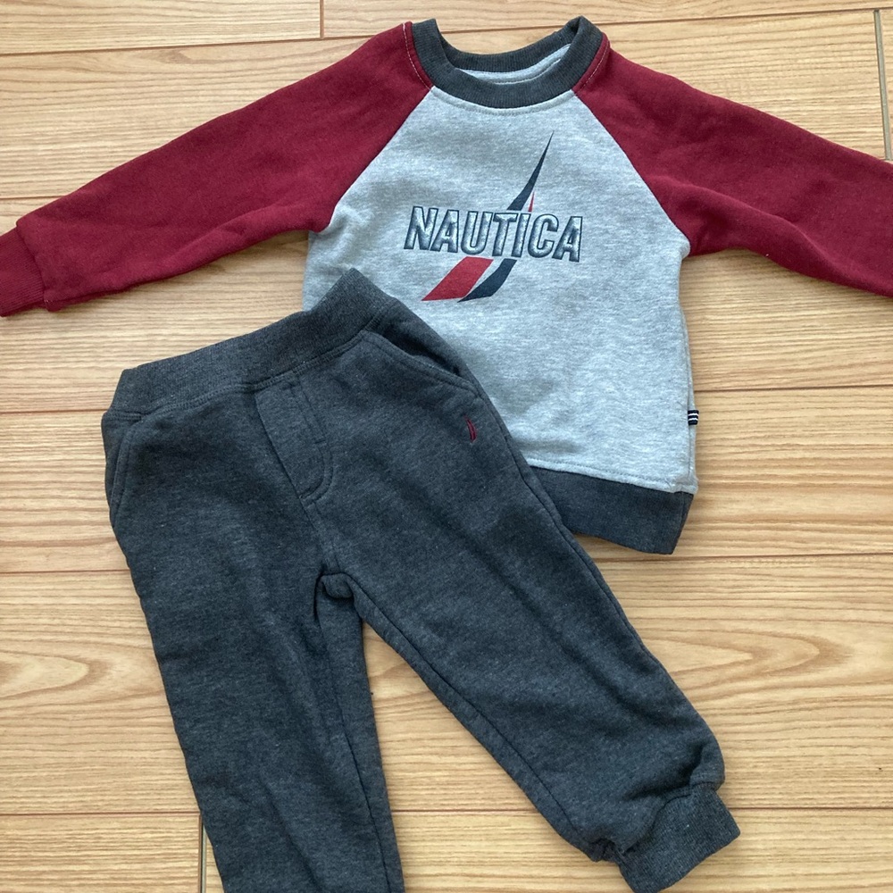 Nautica Kids Gray and Maroon Sweatshirt and Fleece Joggers Set
